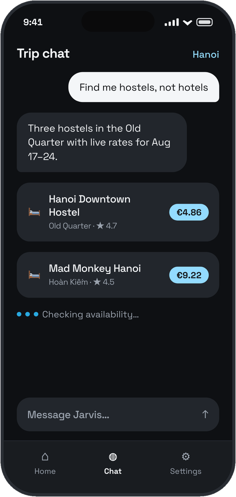 The Jarvis trip chat, answering a request for hostels with live prices