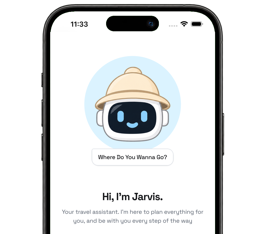 The Jarvis welcome screen: the robot, and the line "Hi, I&rsquo;m Jarvis. Your travel assistant."