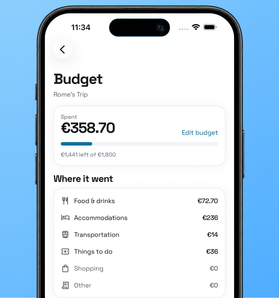 The trip budget, broken down by category, with what is left to spend