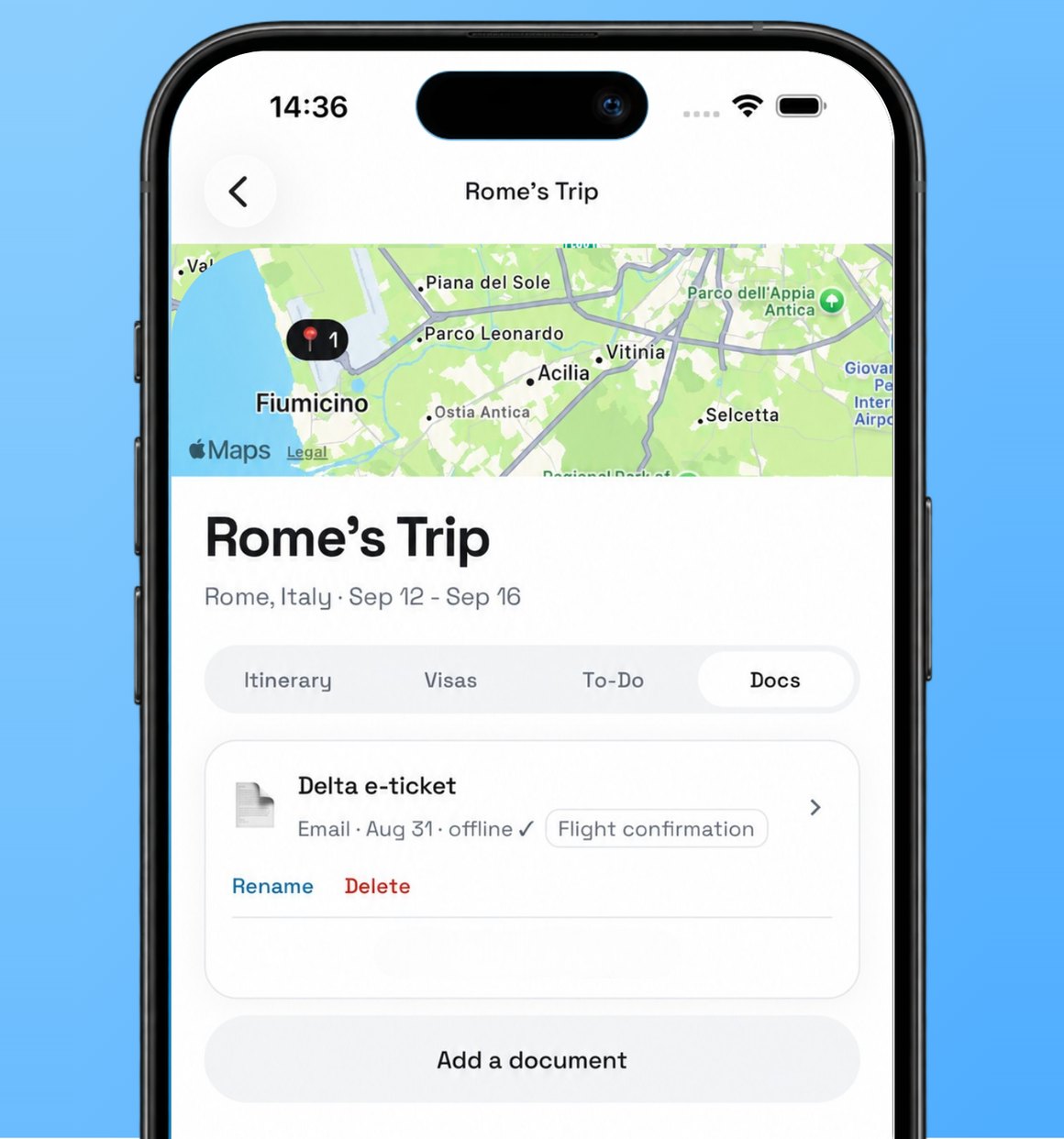 Tickets and confirmations saved on the trip and available offline