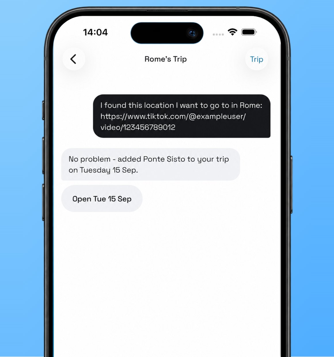 The chat: a TikTok link pasted in, and Jarvis adding the place to a day of the trip