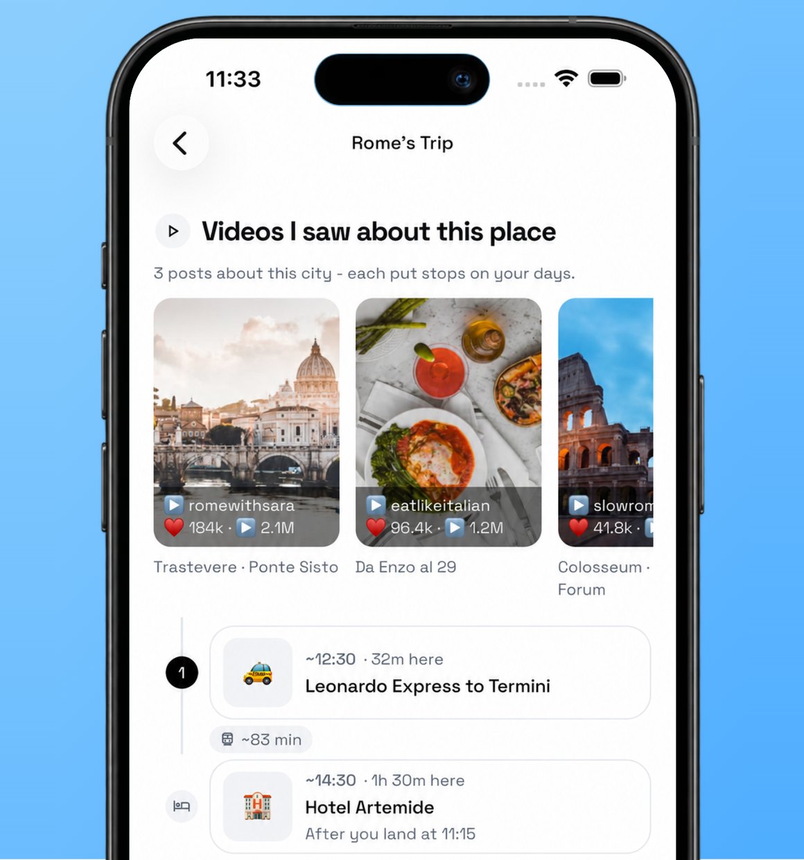 A day of the itinerary, with the TikTok posts each stop was taken from