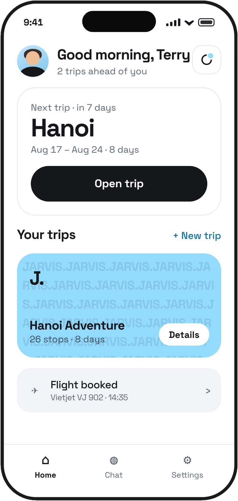 The Jarvis home screen showing an upcoming trip to Hanoi