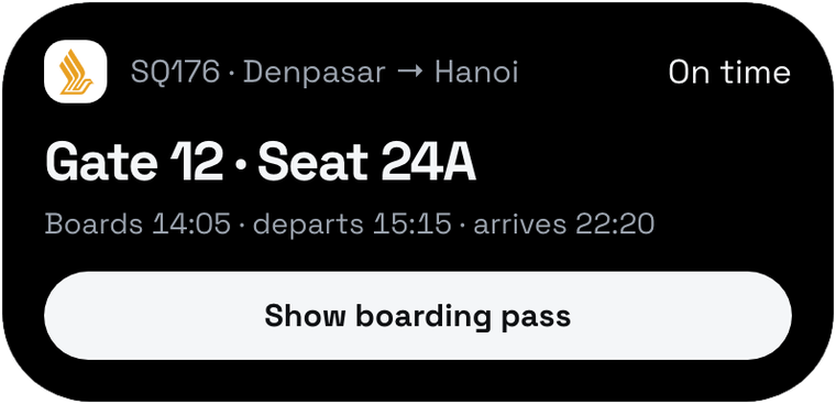 Live Activity card: Gate 12, Seat 24A, boards 14:05