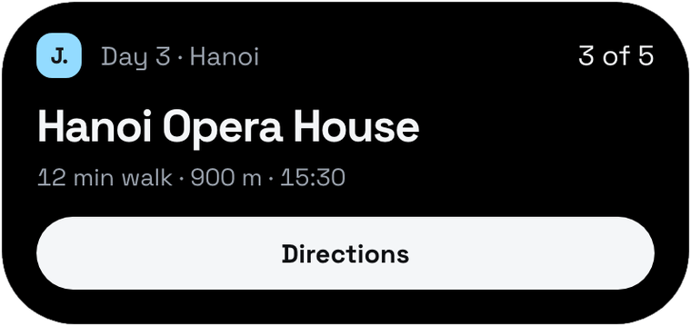 Live Activity card: Day 3 in Hanoi, next stop Hanoi Opera House, 12 minutes away