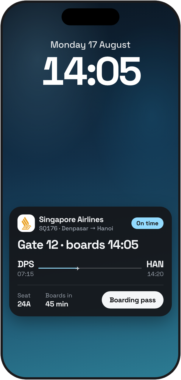 An iPhone lock screen showing the Jarvis flight Live Activity