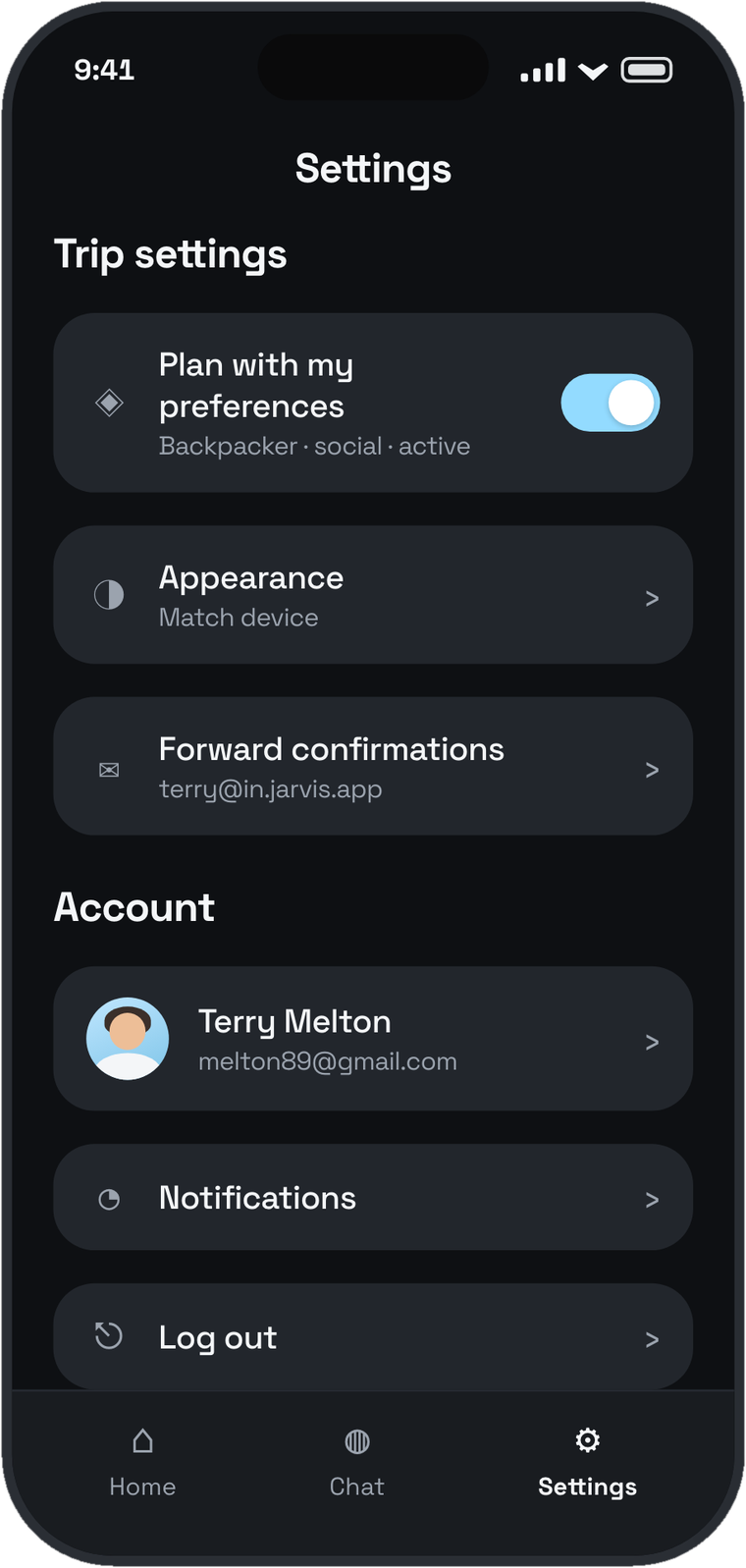 Settings screen